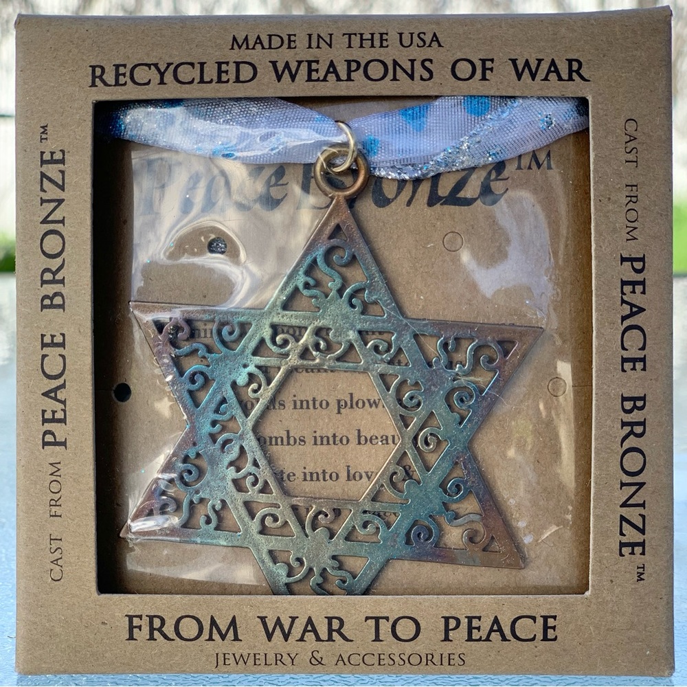 Bronze Star of David Filigree Ornament with Blue and White Ribbon